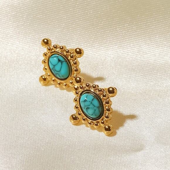 Vintage Inlaid Turquoise Stone Stud Earrings 18K Gold Plated Stainless Steel - Picture 3 of 8